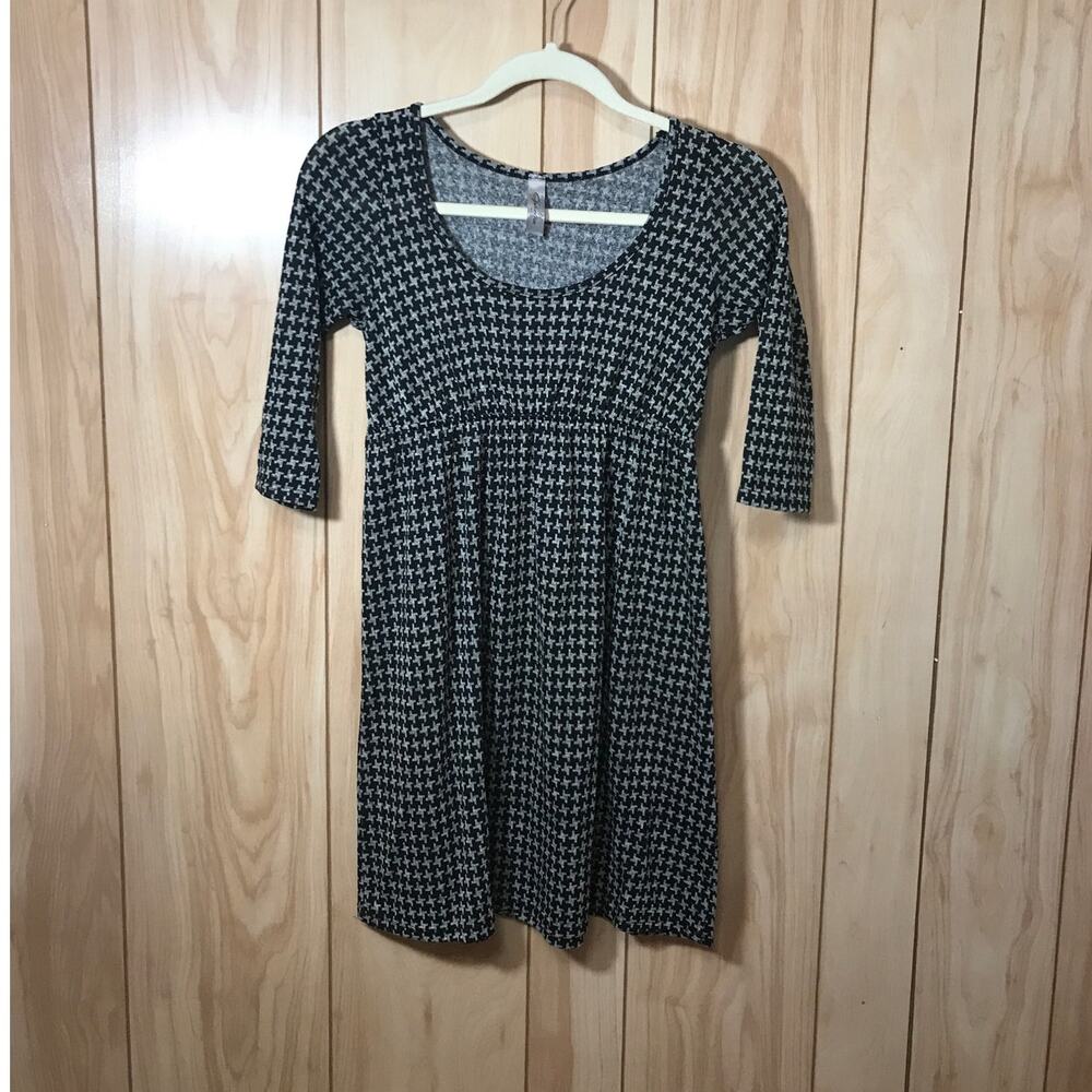 Ophelia Vintage Houndstooth Scoop Neck 3/4 Sleeve A-line Midi Dress S